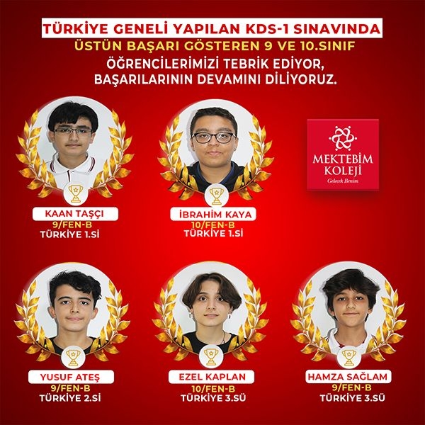 Türkiye Geneli KDS-1 sınavında üstün başarı gösteren 9 ve 10.sınıf öğrencileri