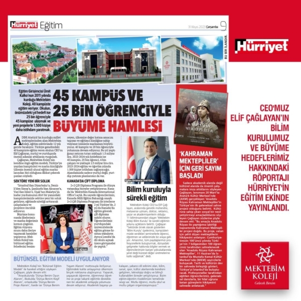 Mektebim Koleji'nin Hürriyet Gazetesi Özel Kolej ekinde yer alan haberi
