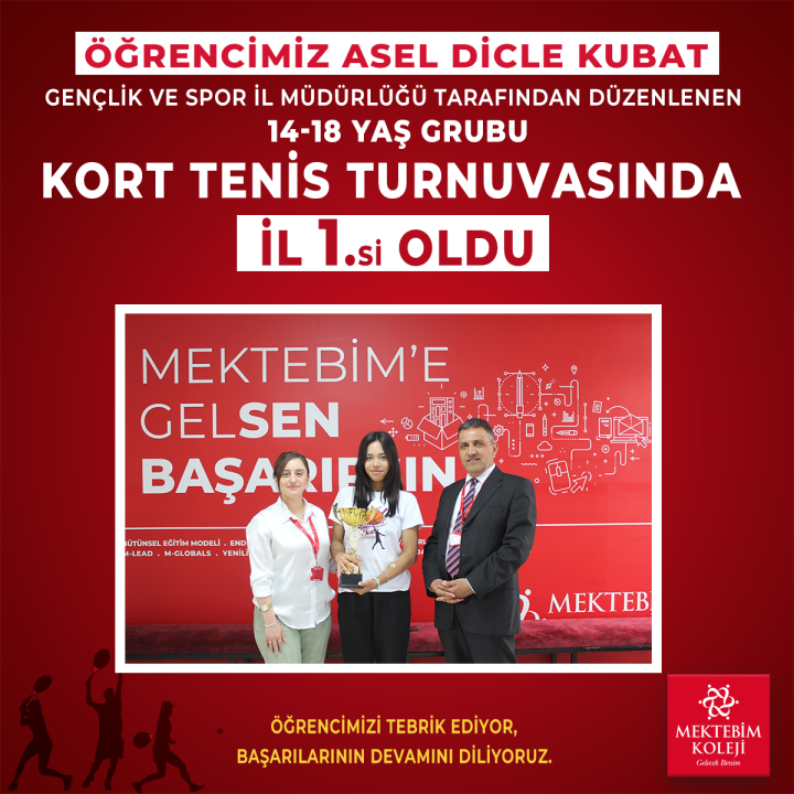 Öğrencimiz ASEL DİCLE KUBAT, Gençlik ve Spor İl Müdürlüğü tarafından düzenlenen 14-18 yaş grubu Kort Tenis Turnuvasında il 1.si oldu. 