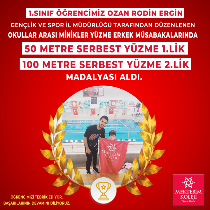 1.sınıf öğrencimiz OZAN RODİN ERGİN, Gençlik ve Spor İl Müdürlüğü tarafından düzenlenen okullar arası minikler yüzme erkek müsabakalarında 50 metre serbest yüzme 1.lik ve 100 metre serbest yüzme 2.lik madalyası aldı.